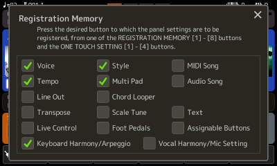 Registration Memory screen with Voice, Style, Tempo, and MP checked.
